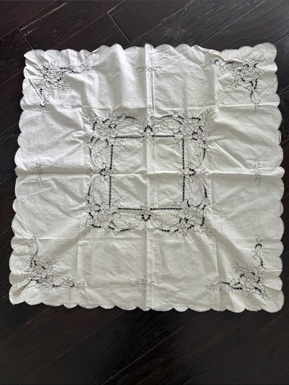 White Embroidered Scalloped Table Topper with Grey Floral Accents